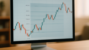 Candlestick stock chart on a desktop display with Fibonacci retracement levels from swing low to swing high, highlighting potential intraday reversal zones.