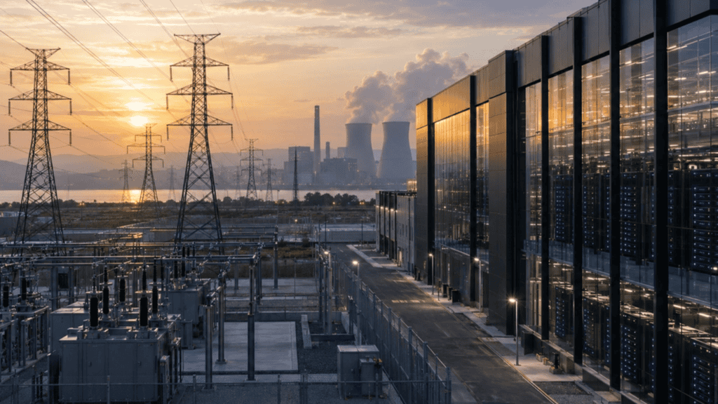 Data centre beside high-voltage transmission lines and a power plant at sunset, illustrating AI’s rising electricity demand.