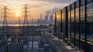 Data centre beside high-voltage transmission lines and a power plant at sunset, illustrating AI’s rising electricity demand.