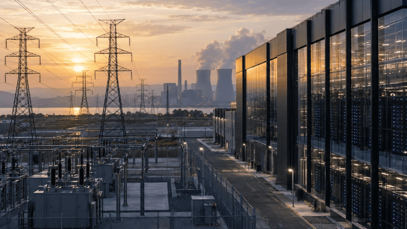 Data centre beside high-voltage transmission lines and a power plant at sunset, illustrating AI’s rising electricity demand.