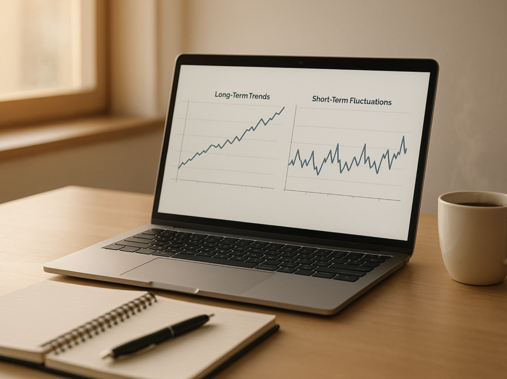 An image of laptop showing how to analyse trends for long and short term trading.