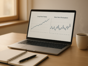 An image of laptop showing how to analyse trends for long and short term trading.