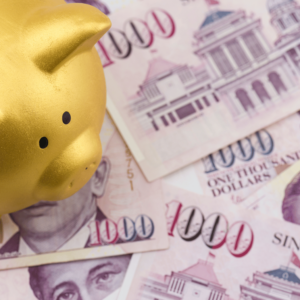 Singaporean dollar notes spread out on a table, with a piggy bank placed on the side, representing the best practices of personal finance in Singapore.