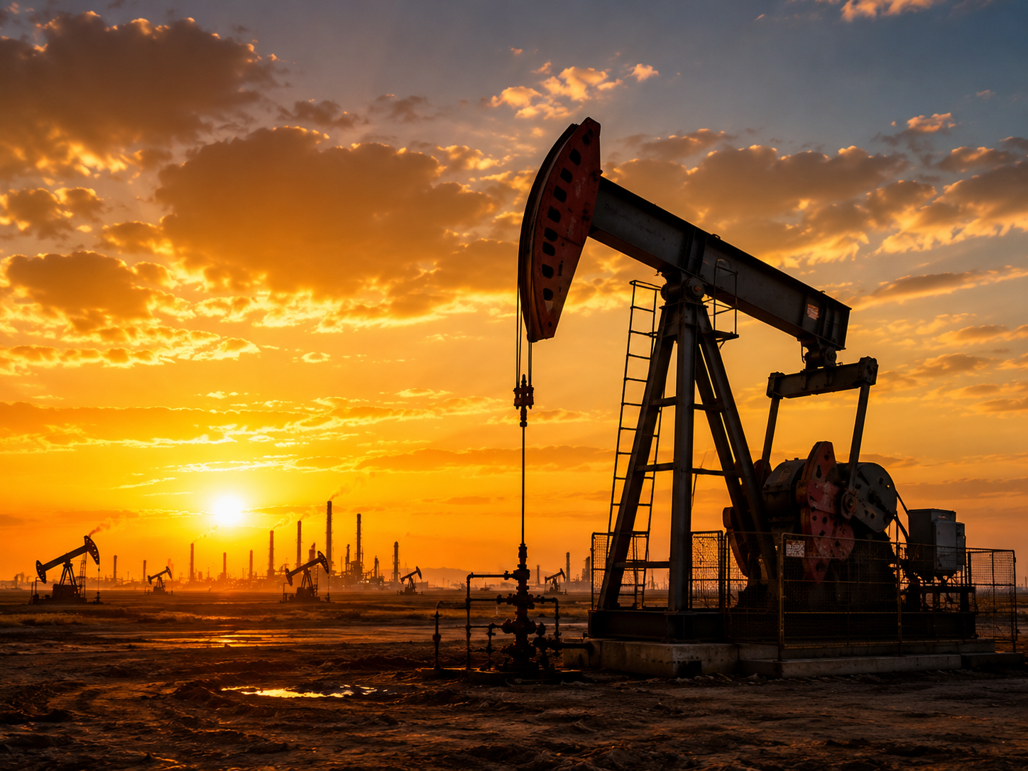Oil pumpjacks operating at sunset, representing rising crude oil prices and global supply concerns.