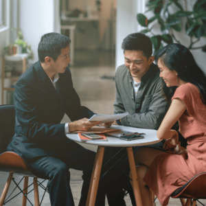 A young couple engaging in a serious discussion with a financial professional who is holding a document, in a comfortable office lounge. A calculator and notes are visible on the table, indicative of a financial planning session.