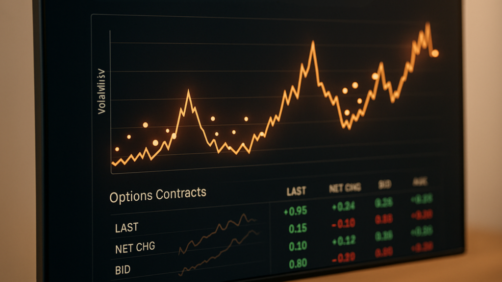 Volatility chart and options contracts dashboard reflecting market reactions around Earnings Announcements, showing last price, net change, bid and ask figures.
