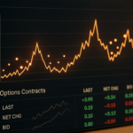 Volatility chart and options contracts dashboard reflecting market reactions around Earnings Announcements, showing last price, net change, bid and ask figures.