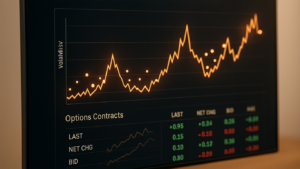 Volatility chart and options contracts dashboard reflecting market reactions around Earnings Announcements, showing last price, net change, bid and ask figures.