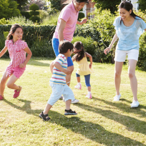 A joyful family of five enjoying outdoor activities on a sunny day, exemplifying the potential benefits of family deals and memberships in Singapore for effective budgeting hacks in Singapore.