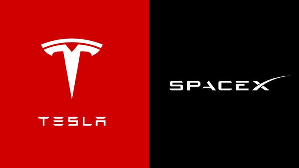 Tesla and SpaceX logos side by side, representing a potential merger between Elon Musk’s two companies.