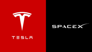 Tesla and SpaceX logos side by side, representing a potential merger between Elon Musk’s two companies.