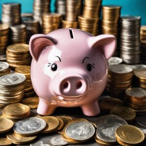 Pink piggy bank surrounded by stacks of coins, representing the importance of financial planning and savings for married couples in Singapore.