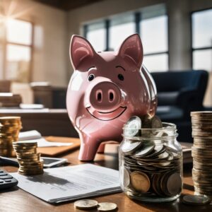 A smiling pink piggy bank, symbolizing savings and financial security, stands on a desk surrounded by growing stacks of coins and a glass jar filled with mixed coinage. In the background, an inviting office space bathed in warm sunlight, with documents spread out on the table, represents the meticulous planning involved in securing life insurance and savings for married life in Singapore.