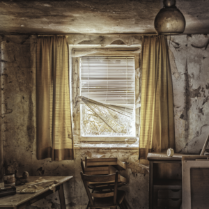 A visual metaphor representing unclaimed legacy, featuring a forsaken apartment with fractured window blinds and soiled curtains and walls, symbolizing the complications and neglect that can arise in managing assets when there is no nomination in place in Singapore's legal environment.