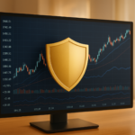 A computer monitor and on the screen shows a stock chart with a sign of stop.