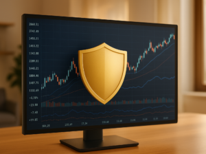 A computer monitor and on the screen shows a stock chart with a sign of stop.