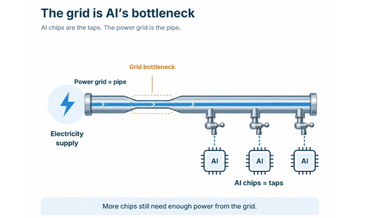 Infographic comparing the power grid to a pipe and AI chips to taps, showing how limited electricity supply can constrain AI growth.