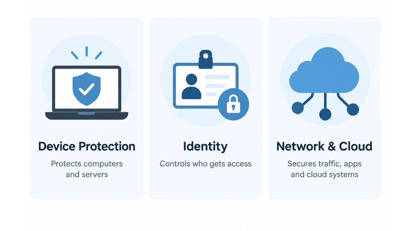 Diagram grouping cybersecurity stocks into device protection, identity security, and network and cloud security.