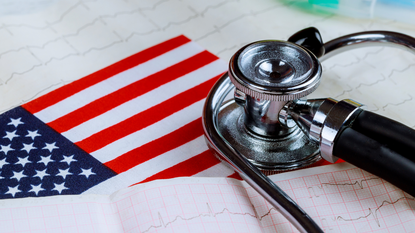 Close-up of a stethoscope on the American flag with ECG lines—capturing the US healthcare sector, policy shifts, and market outlook themes.