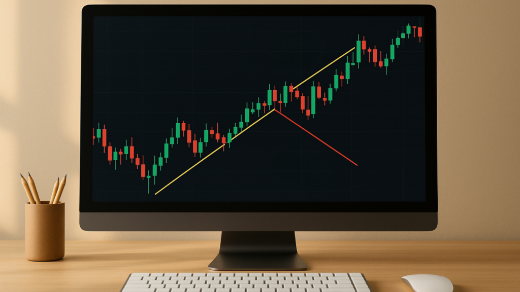 Desktop screen with a candlestick chart showing a breakout—yellow uptrend line for entry and red line for exit—illustrating breakout trading strategies in the Singapore stock market with attention to entry methods, exit strategies, volume analysis, and risk management.