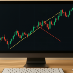 Desktop screen with a candlestick chart showing a breakout—yellow uptrend line for entry and red line for exit—illustrating breakout trading strategies in the Singapore stock market with attention to entry methods, exit strategies, volume analysis, and risk management.