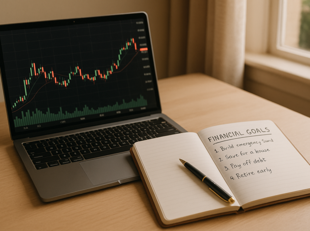 The trading goals are written on the notebook.