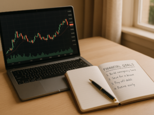The trading goals are written on the notebook.